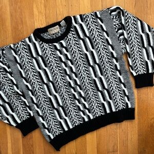 80s 90s Vintage Bold Black & White Cable 3D Knit Crewneck Pullover Sweater